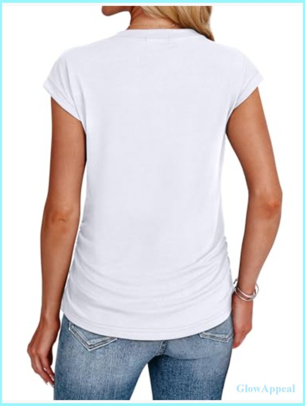 Ruched Cap Sleeve T-Shirt, Loose Fit, Polyester Blend, Summer Top - Picture 5 of 5